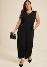 Plus Size Black Lace Trim Pocket Jumpsuit, C106, small