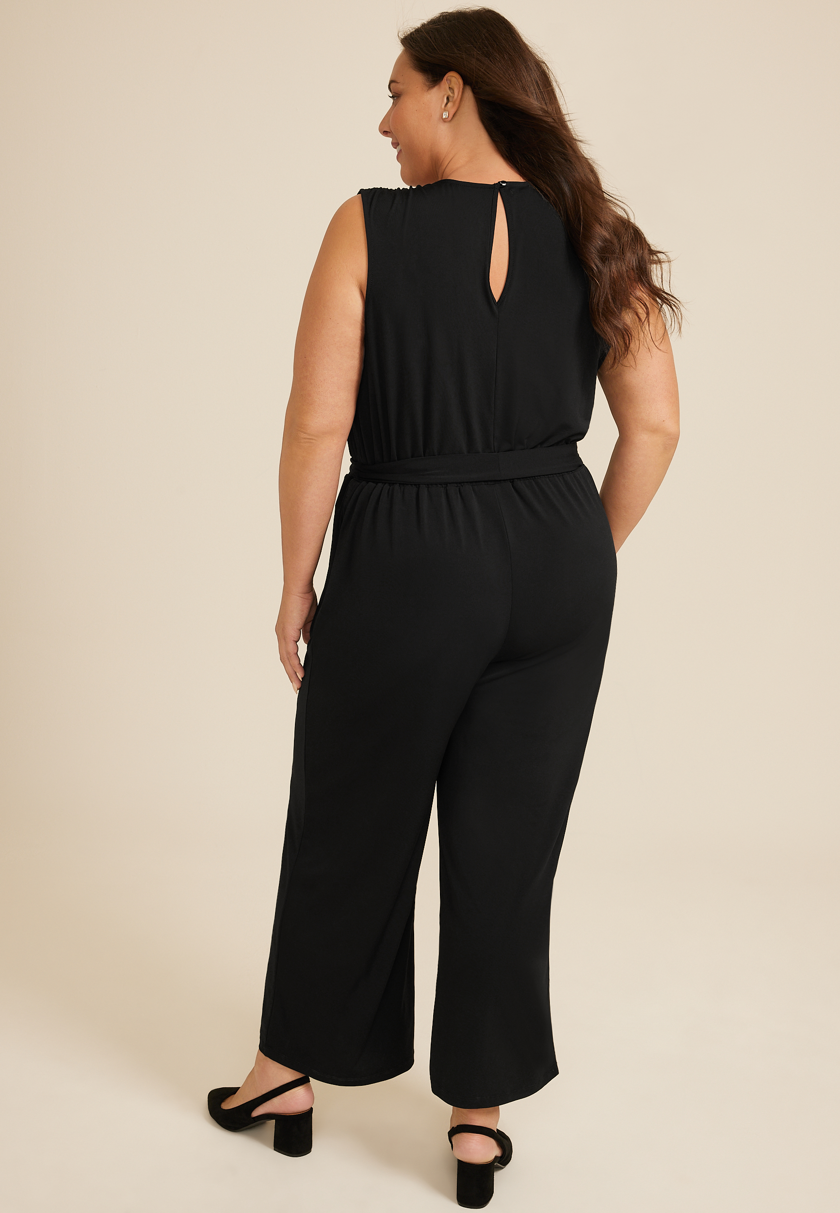 Plus Size Black Lace Trim Pocket Jumpsuit, C106, large