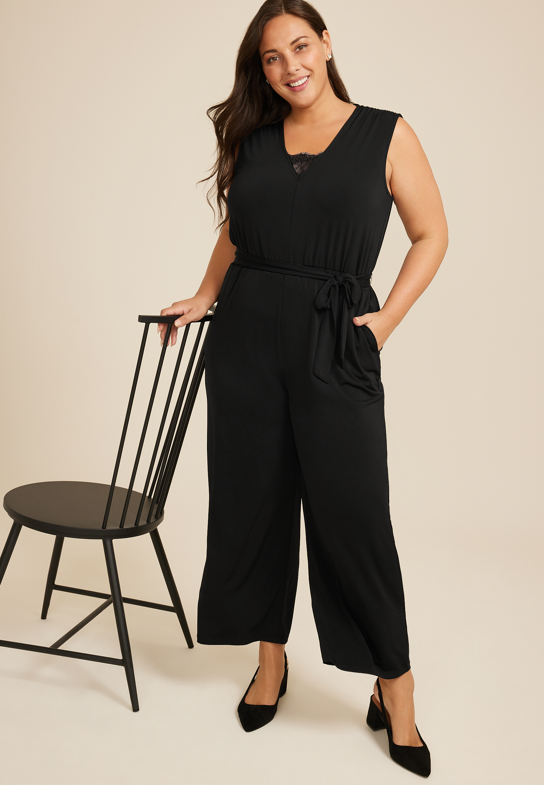 Plus Size Black Lace Trim Pocket Jumpsuit, C106, large