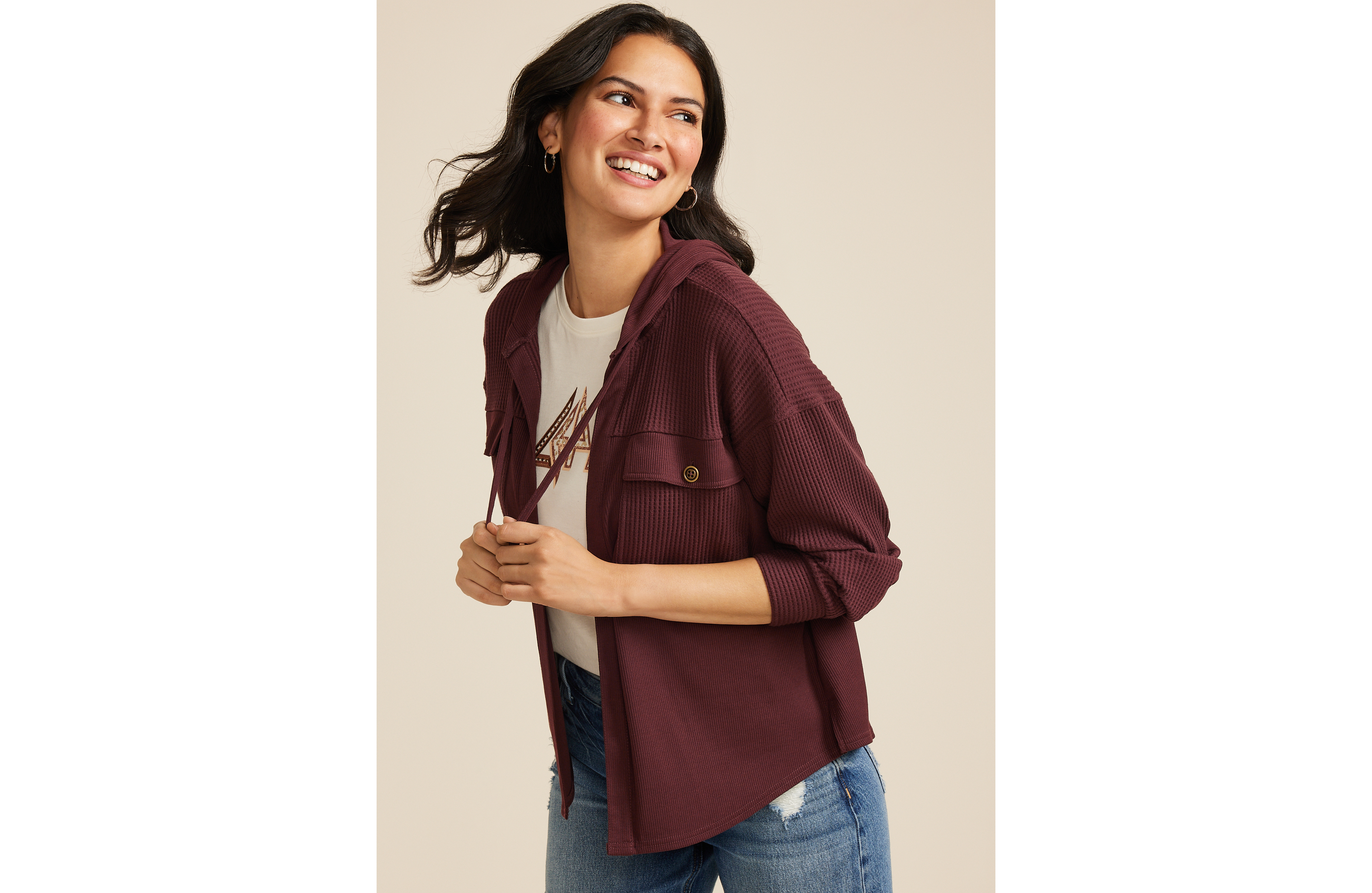 Waffle Knit Hooded Shacket