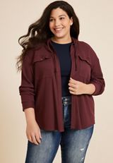 Plus Size Waffle Knit Hooded Shacket, BROWN RUM, small