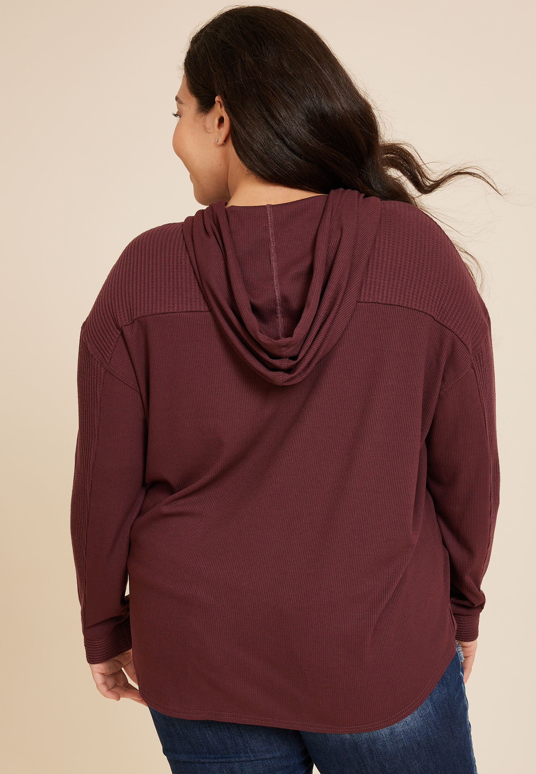 Plus Size Waffle Knit Hooded Shacket, BROWN RUM, large
