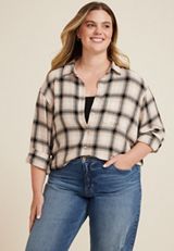 Plus Size Pucker Plaid Button Up Shirt, C1756, small