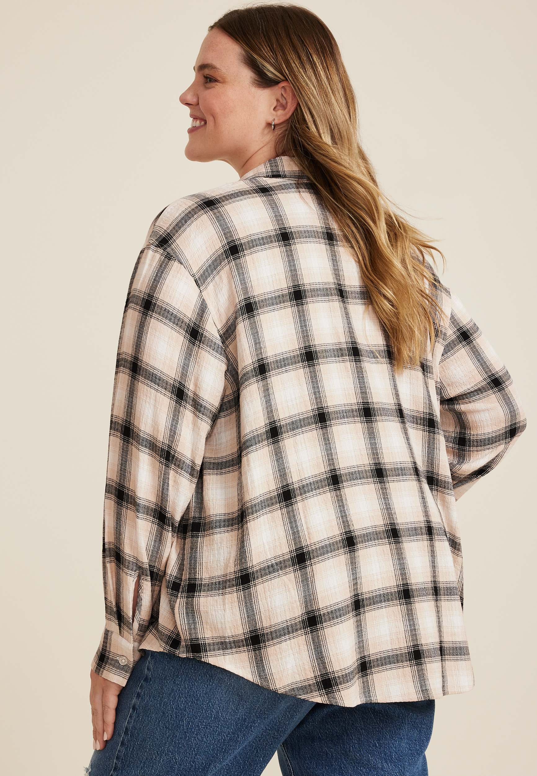 Plus Size Pucker Plaid Button Up Shirt, C1756, large