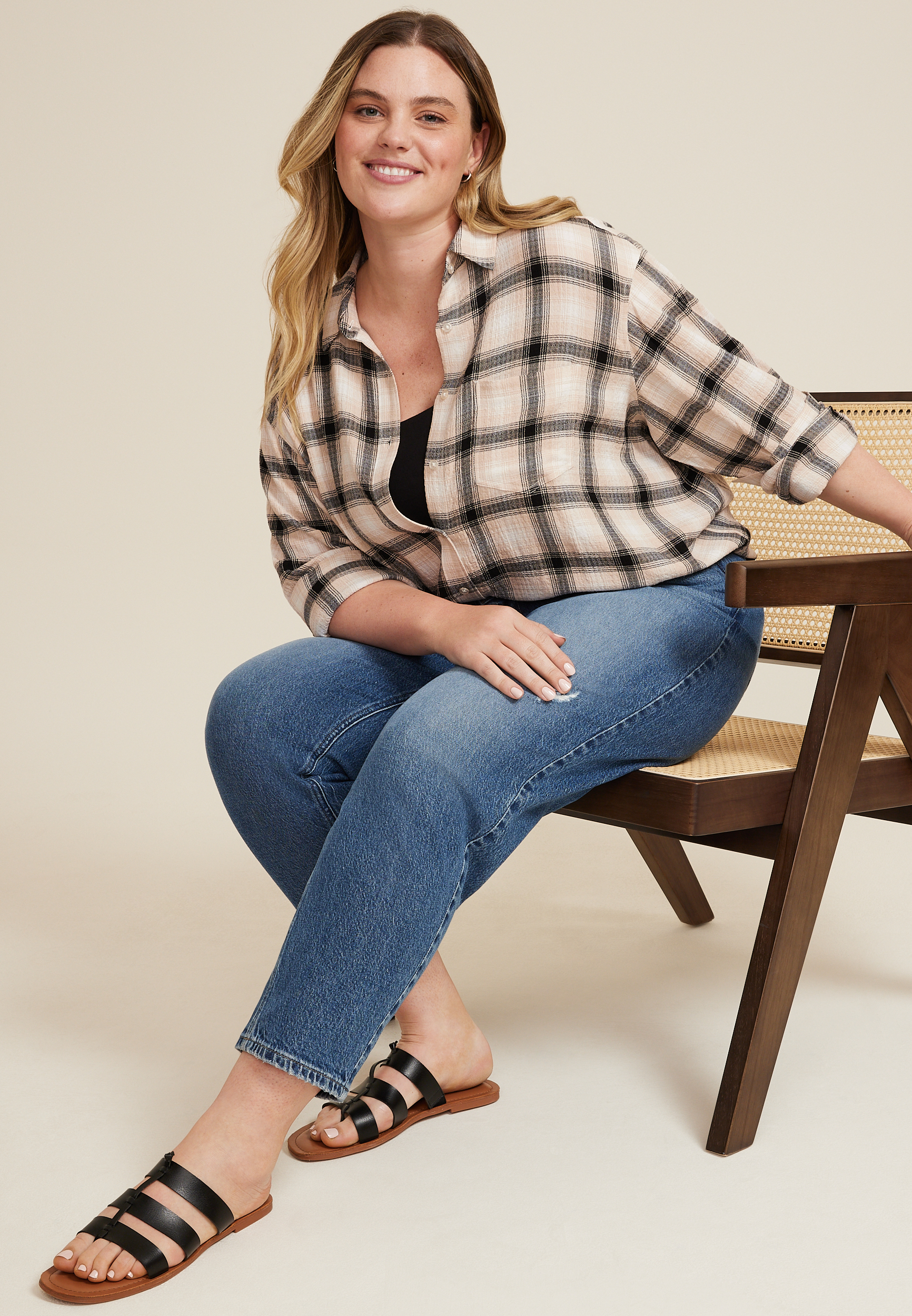 Plus Size Pucker Plaid Button Up Shirt, C1756, large