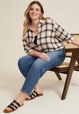 Plus Size Pucker Plaid Button Up Shirt, C1756, small