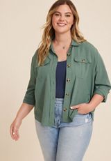 Plus Size Utility Long Sleeve Button Up Shirt, C531, small