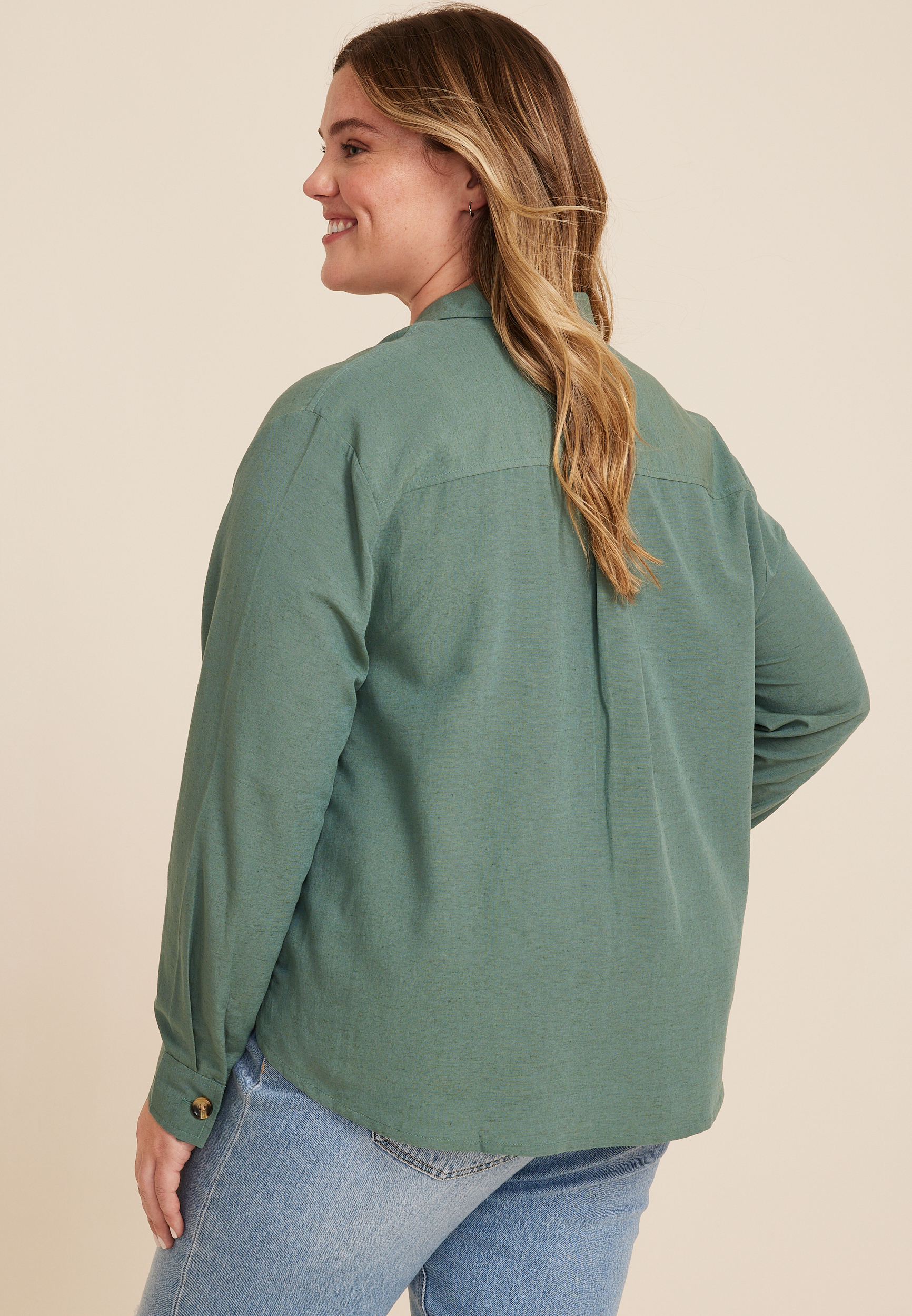 Plus Size Utility Long Sleeve Button Up Shirt, C531, large