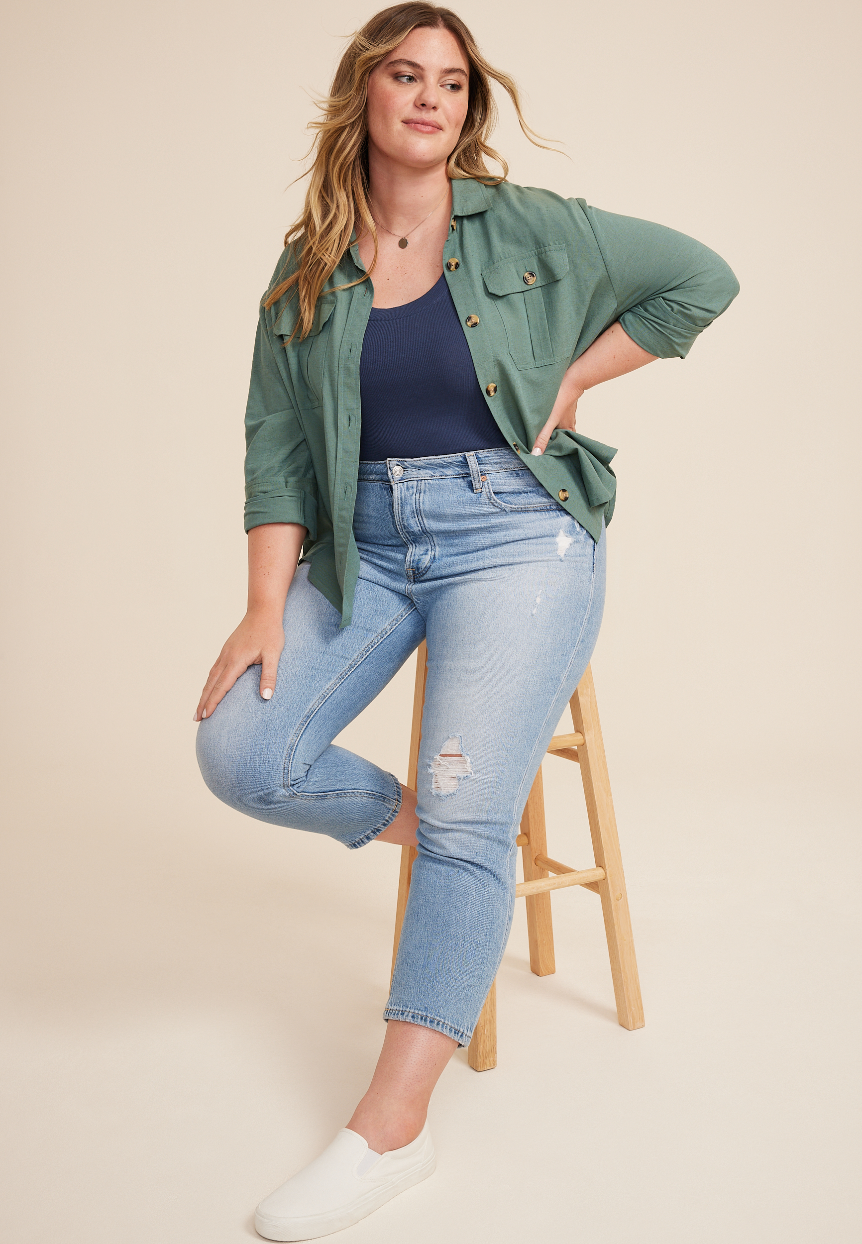 Plus Size Utility Long Sleeve Button Up Shirt, C531, large
