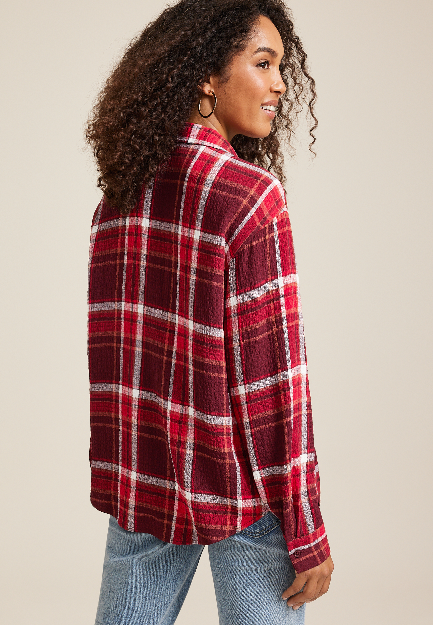 Pucker Plaid Button Up Shirt, C5032, large