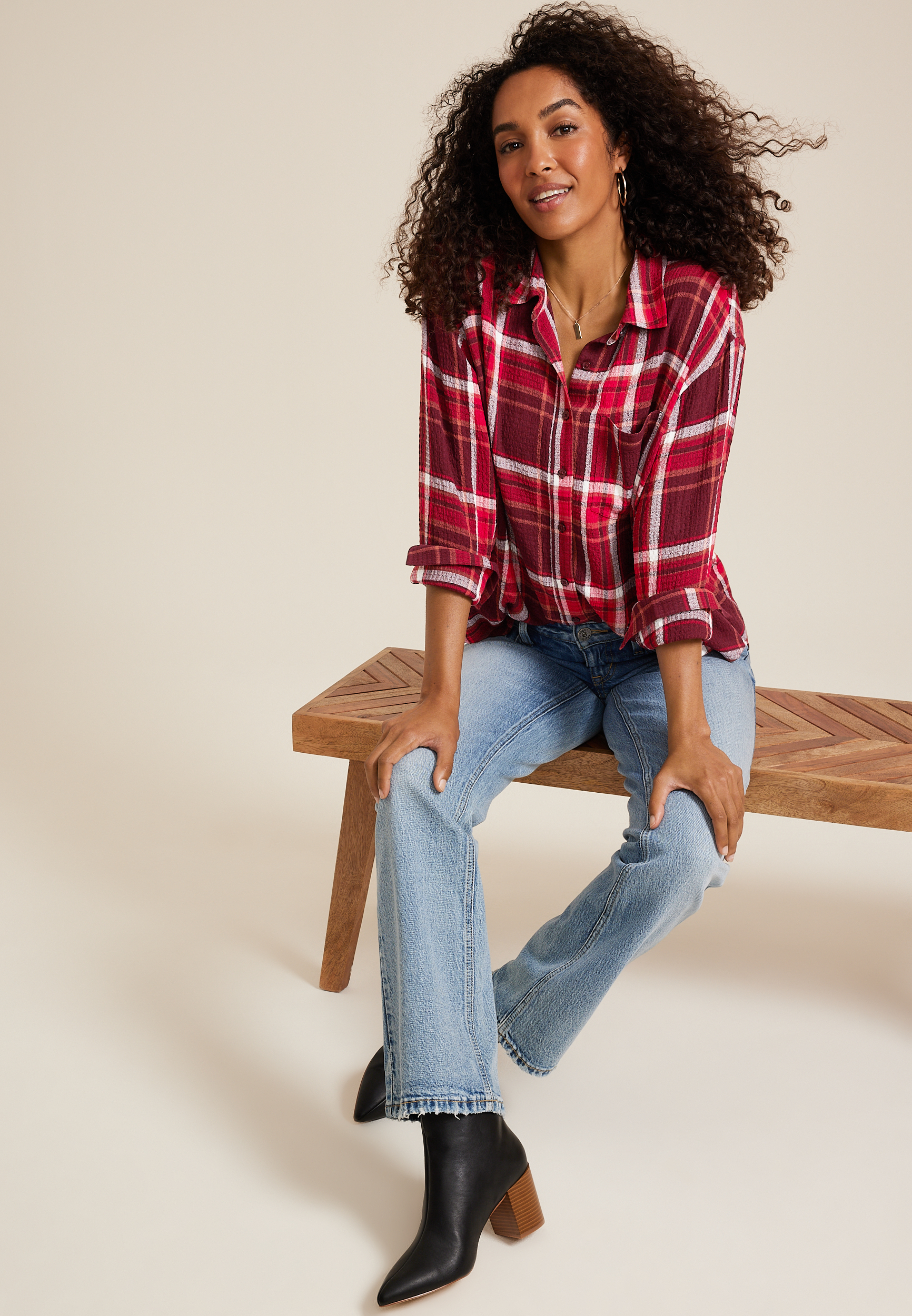 Pucker Plaid Button Up Shirt, C5032, large