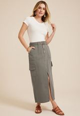 Belted High Rise Utility Maxi Skirt, OLIVE, small