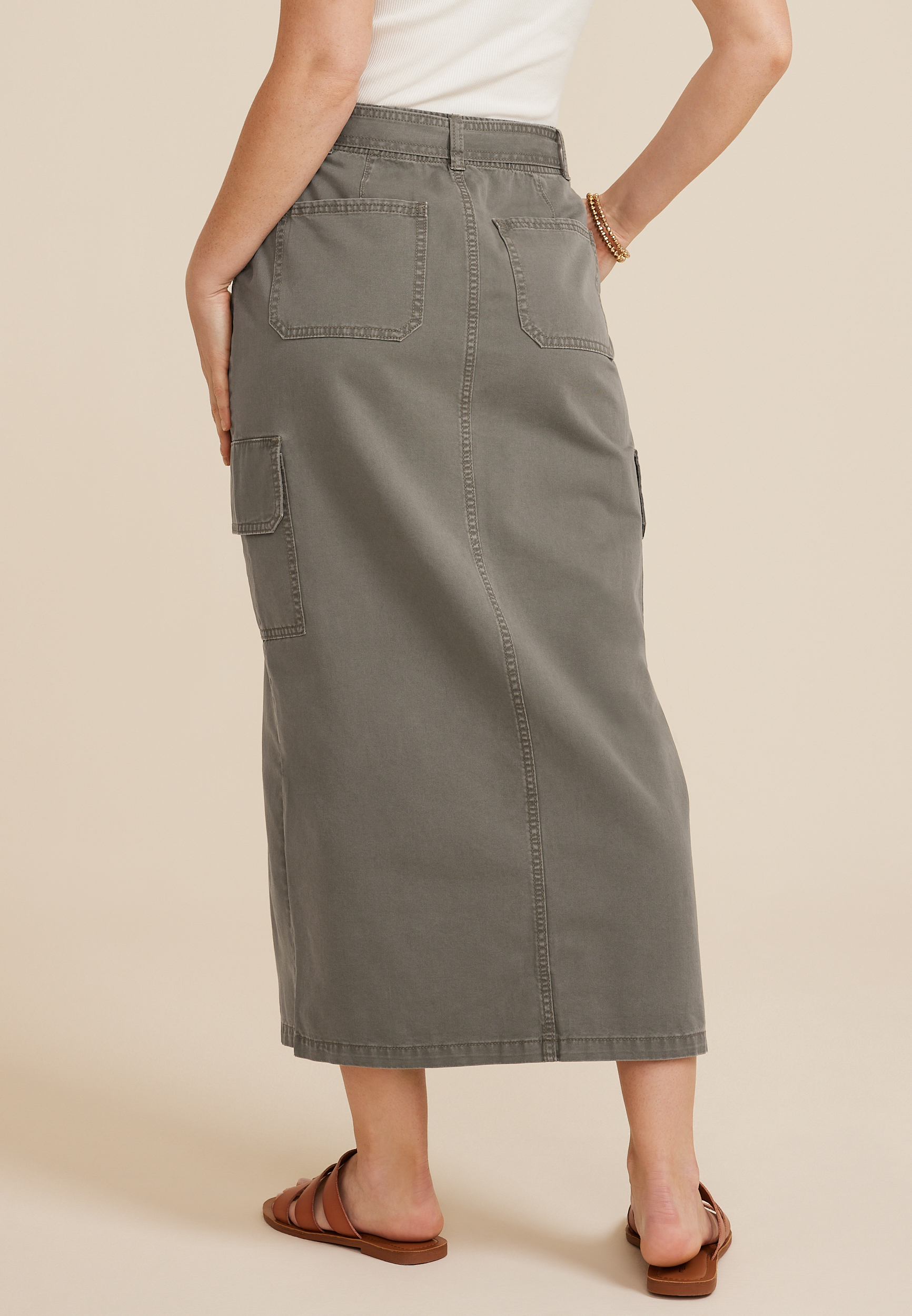 Belted High Rise Utility Maxi Skirt, OLIVE, large