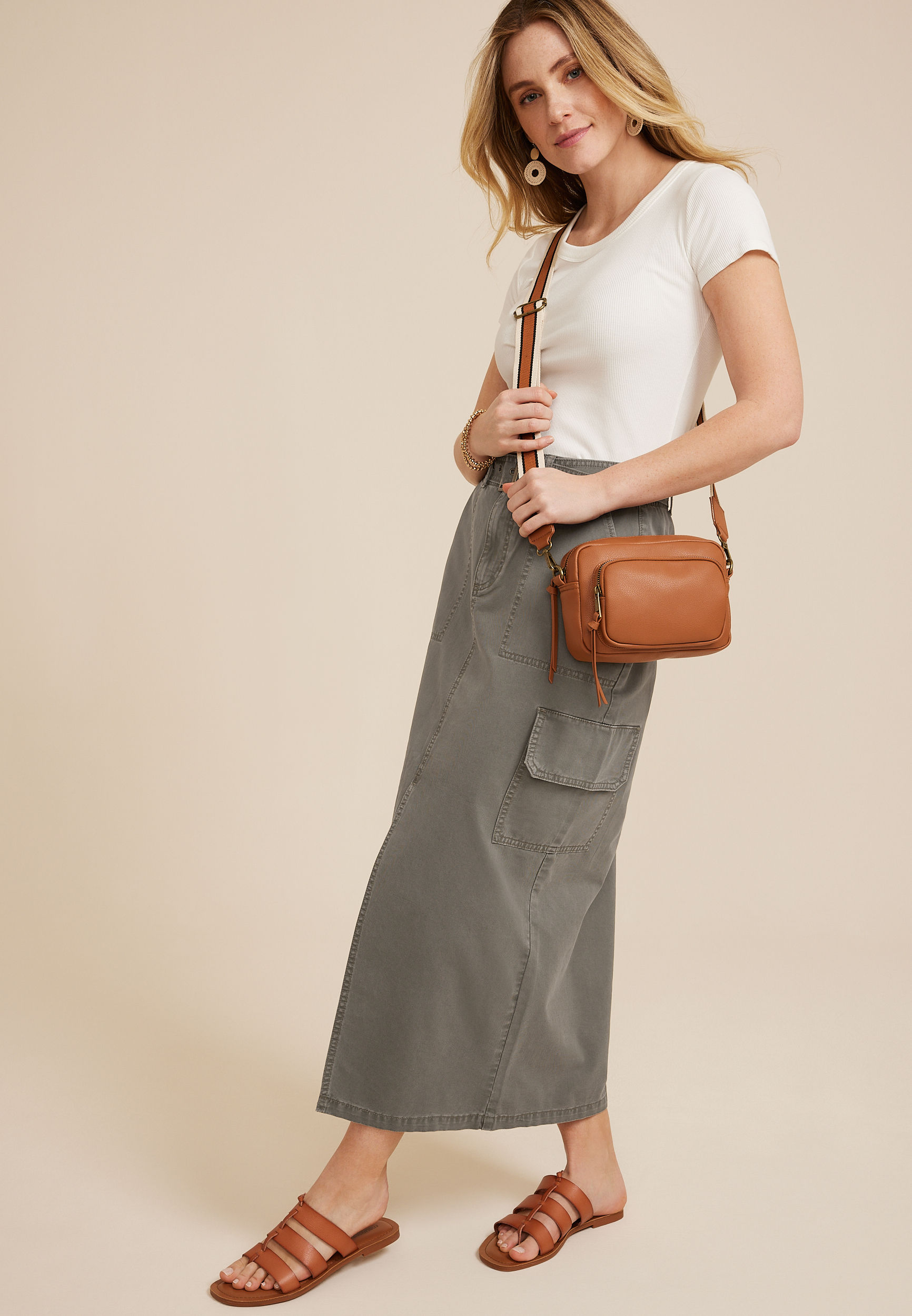 Belted High Rise Utility Maxi Skirt, OLIVE, large