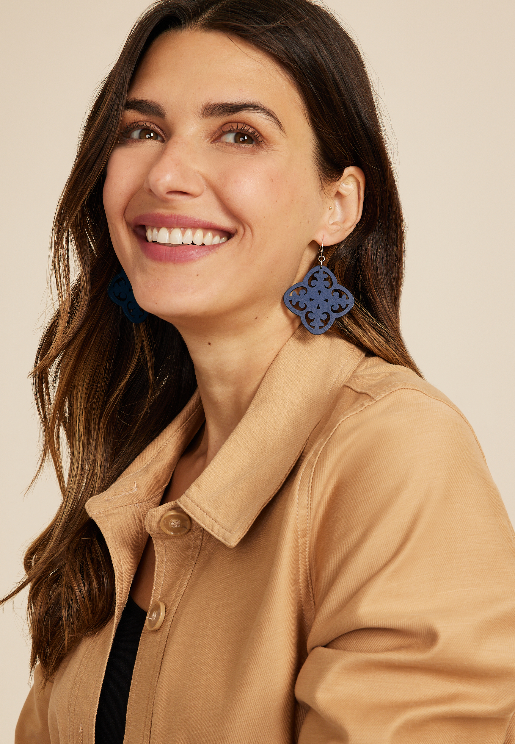 RMG Navy Wooden Cut Out Drop Earrings, C180, large