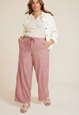 Plus Size Soft Linen High Rise Cargo Wide Leg Pant, C3343, small
