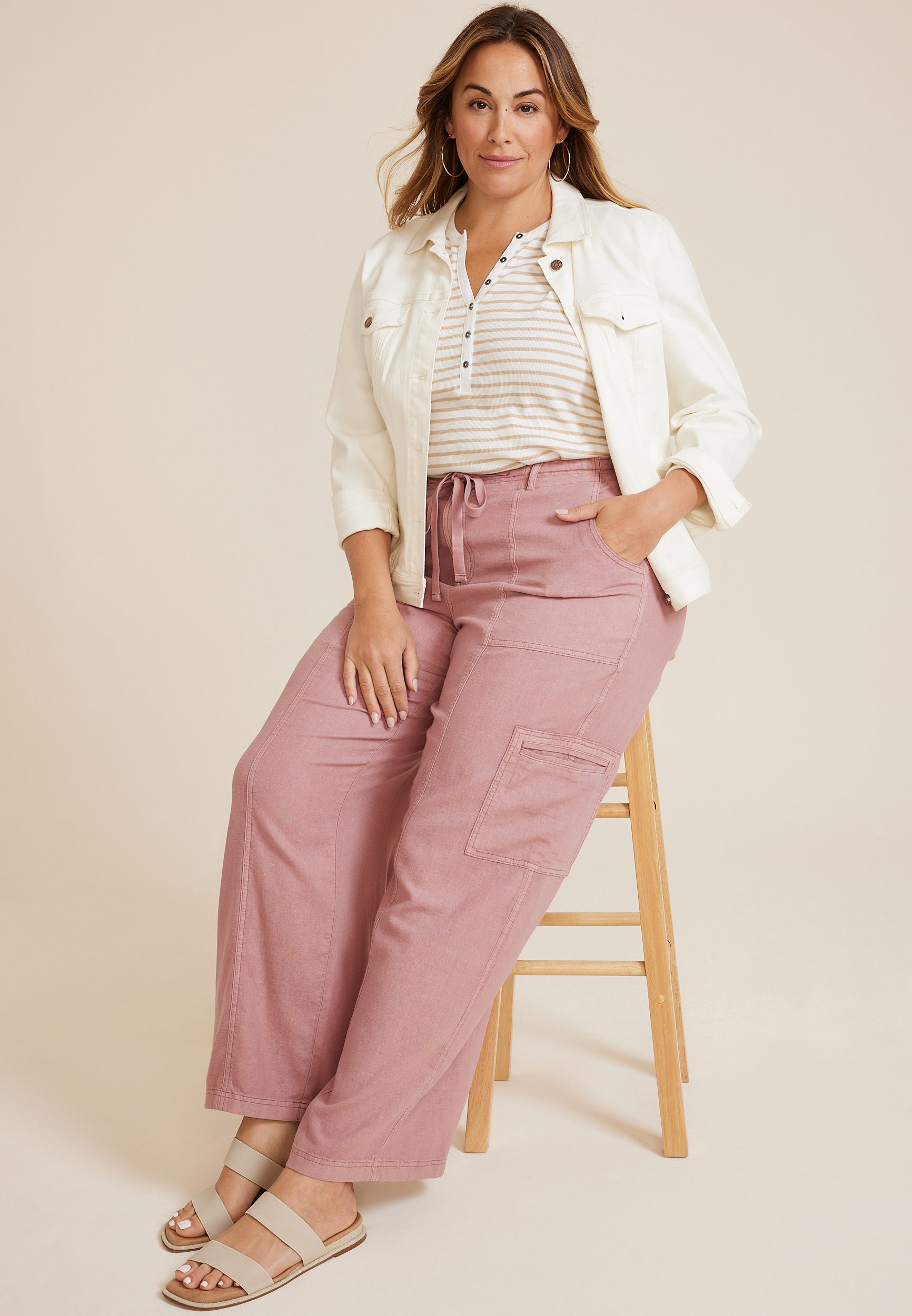 Plus Size Soft Linen High Rise Cargo Wide Leg Pant, C3343, large