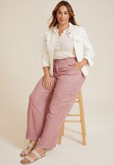 Plus Size Soft Linen High Rise Cargo Wide Leg Pant, C3343, small