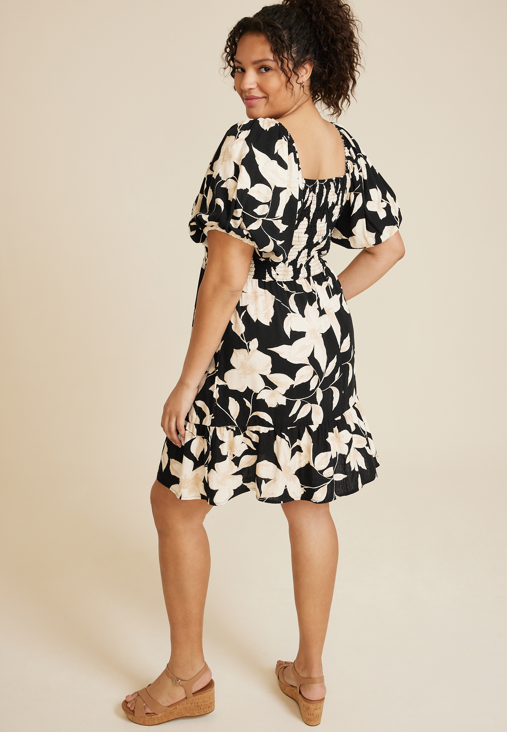 Plus Size Floral Sweetheart Bubble Short Sleeve Mini Dress, C1756, large