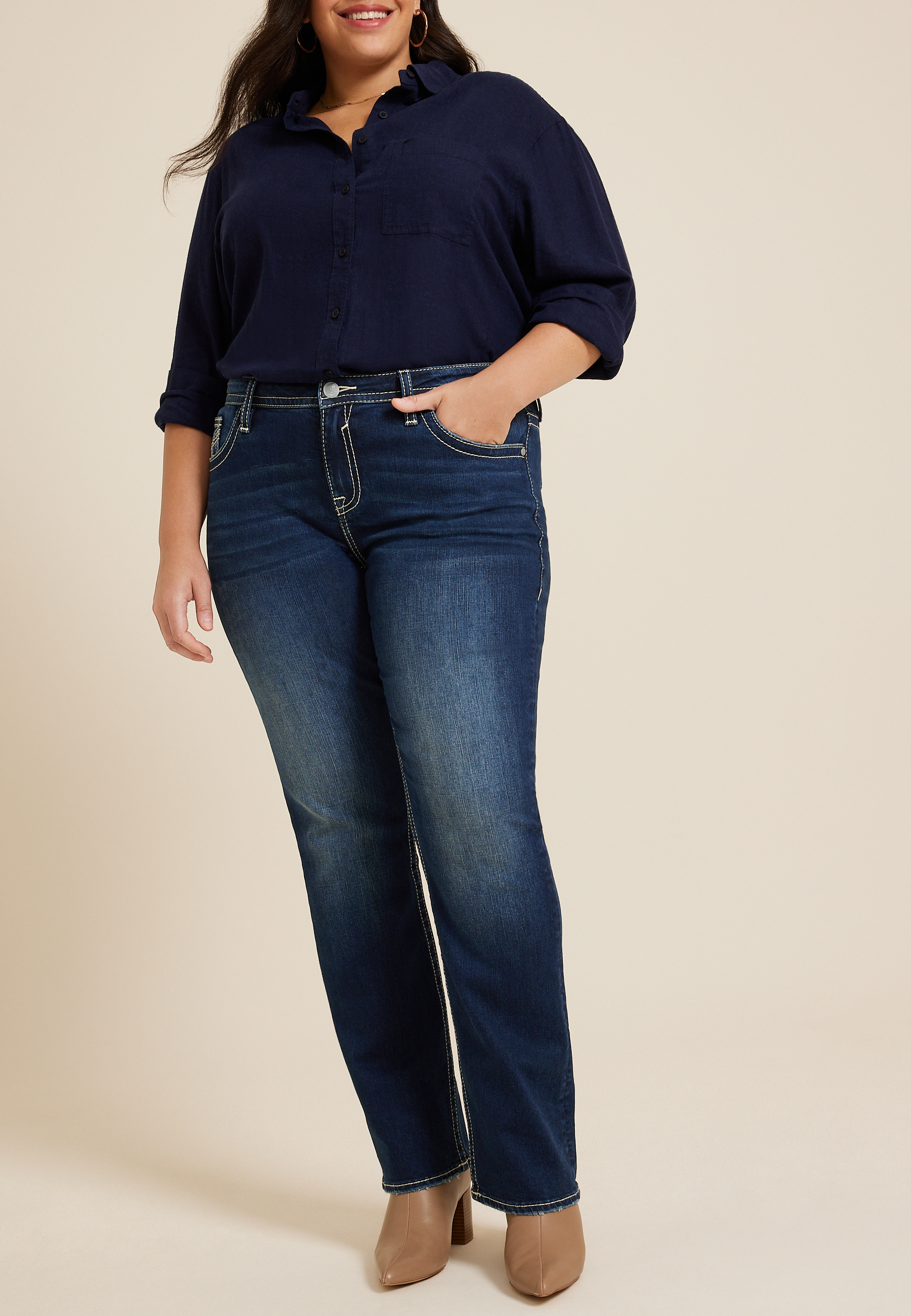 Plus Size Vigoss&reg; Mid Rise Studded Flap Slim Boot Jean, C258, large
