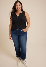 Plus Size Henley Tank Top, BLACK, small