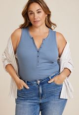 Plus Size Henley Tank Top, BLUE, small
