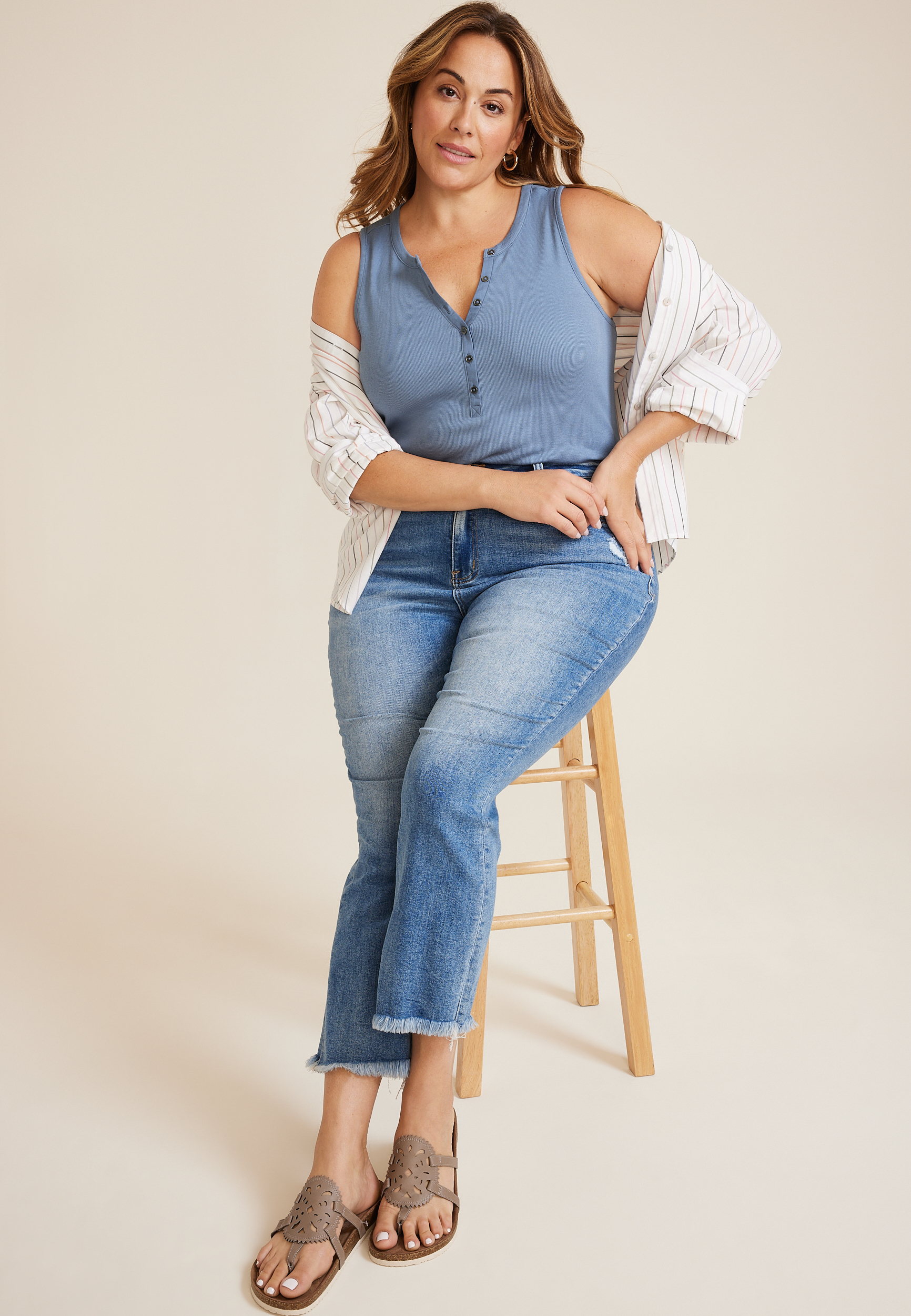 Plus Size Henley Tank Top, BLUE, large