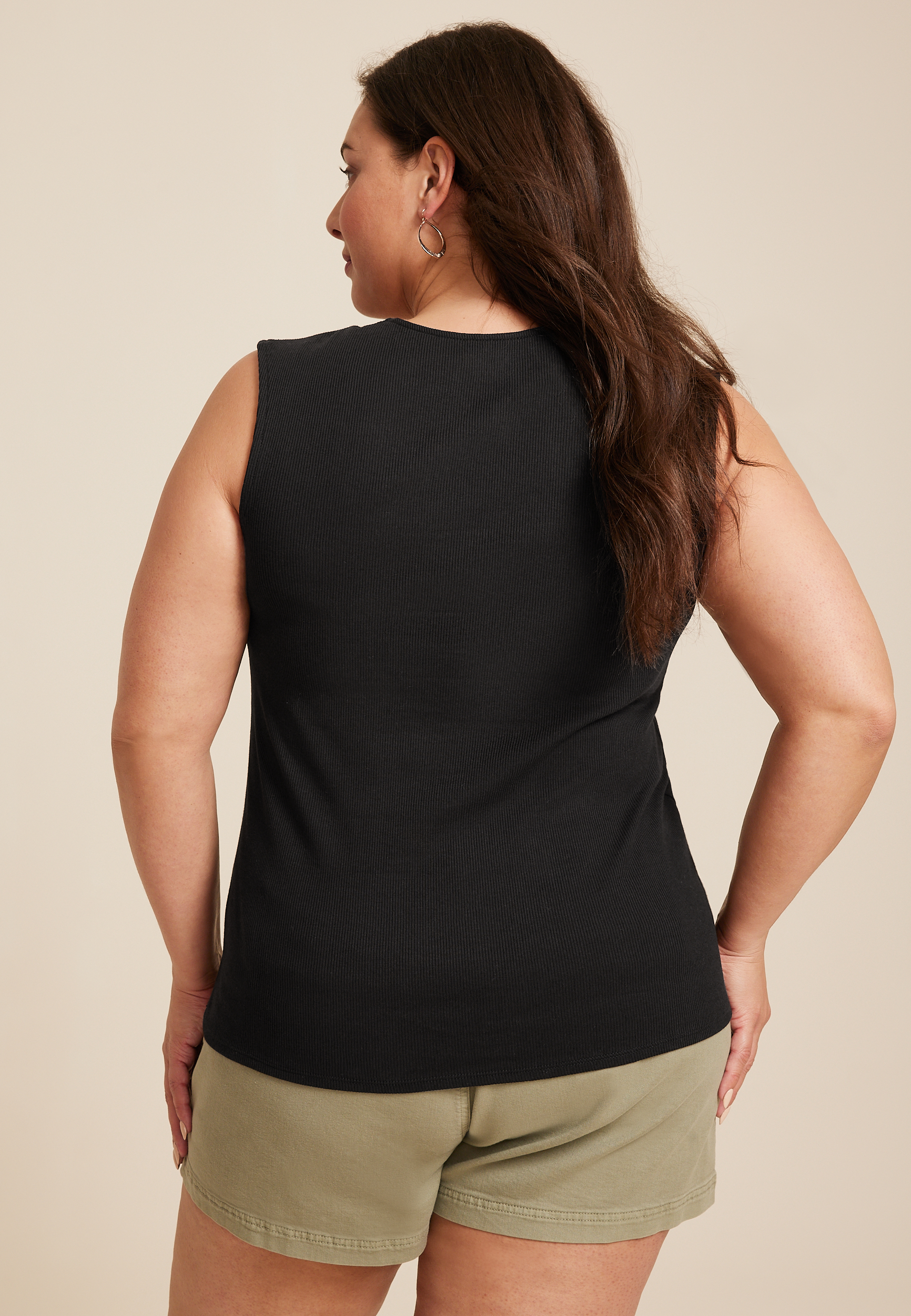 Plus Size Ribbed Square Neck Tank Top, BLACK, large