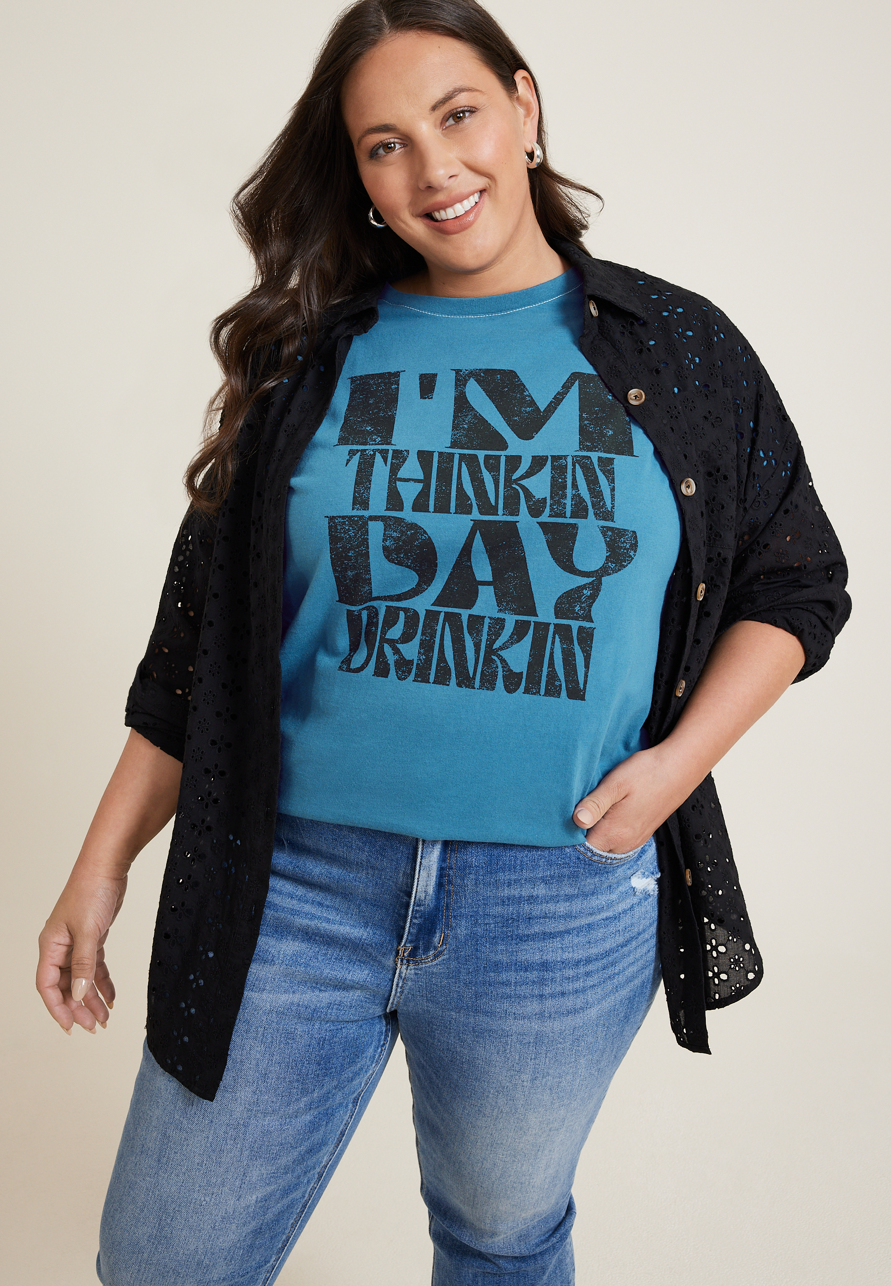 Plus Size Day Drinkin Relaxed Fit Graphic Tee, BLUE, large