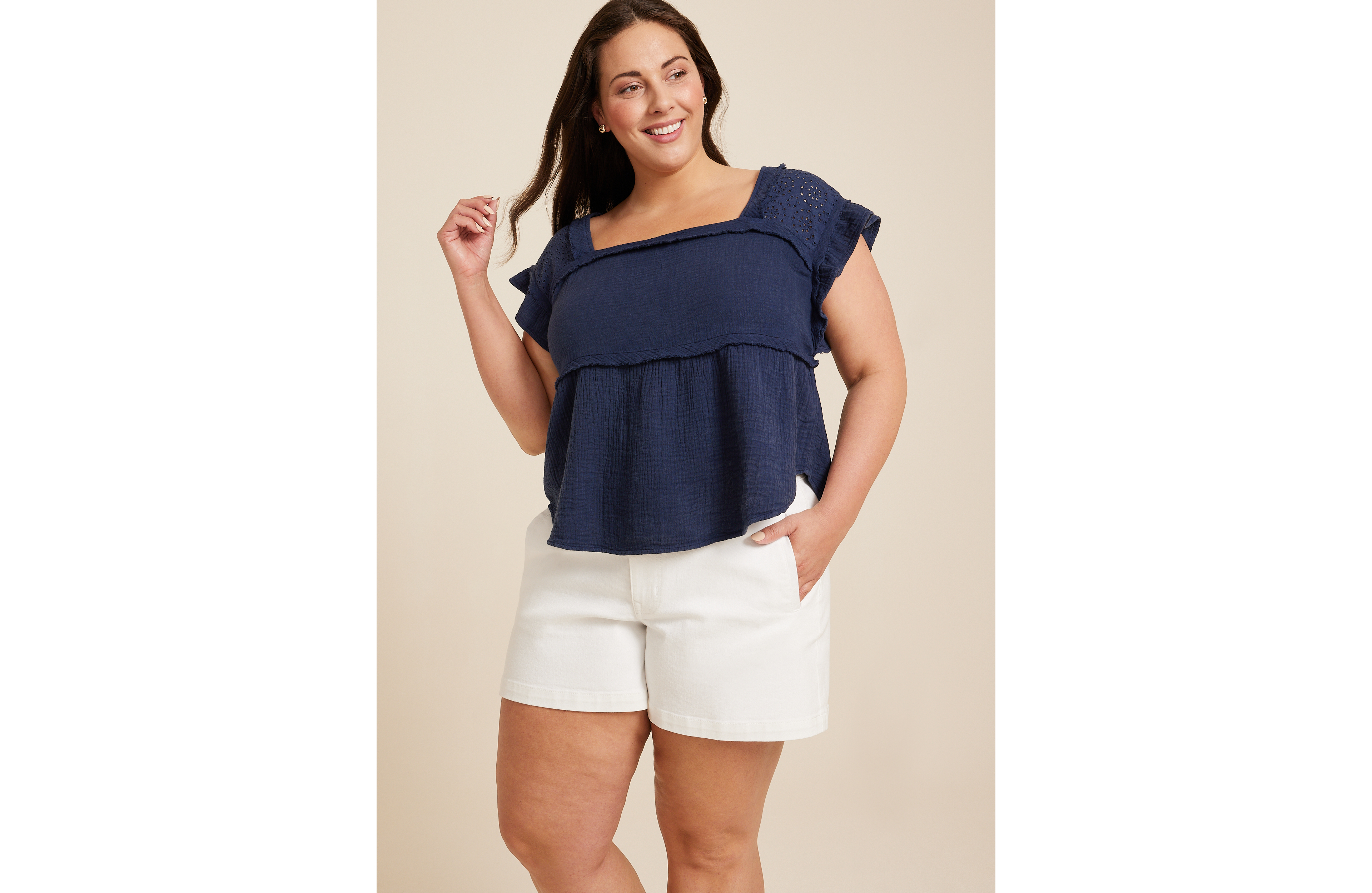 Plus Eyelet Short Sleeve Babydoll Blouse