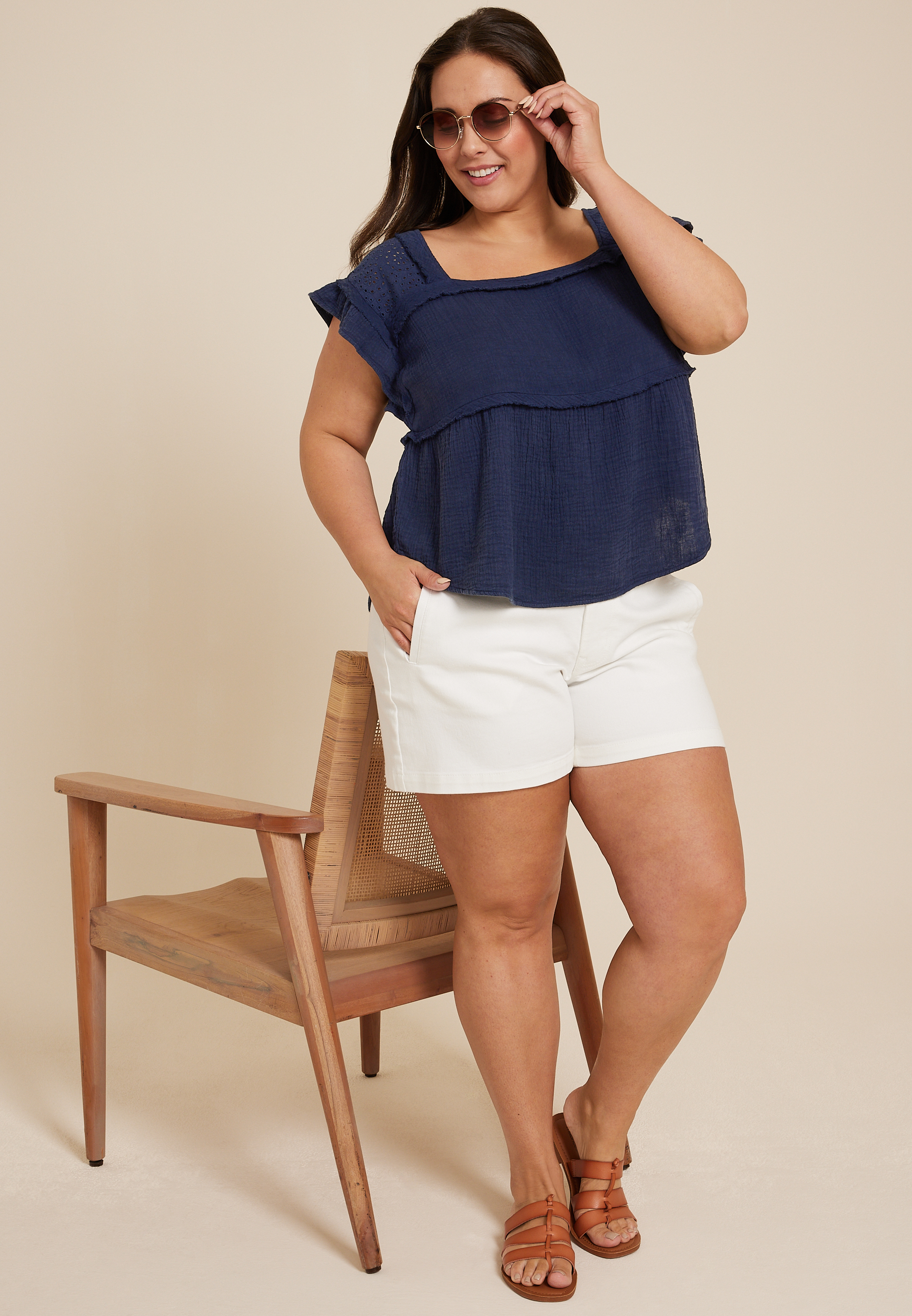 Plus Size Eyelet Short Sleeve Babydoll Blouse, C1919, large