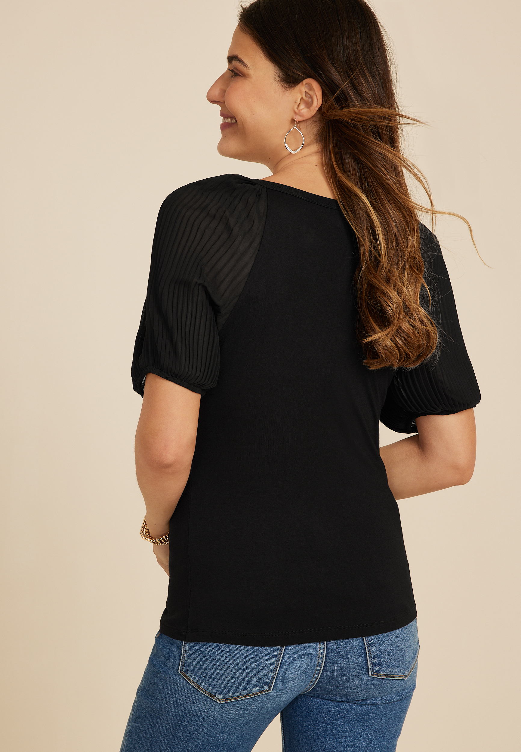 Plisse Puff Sleeve Henley Blouse
