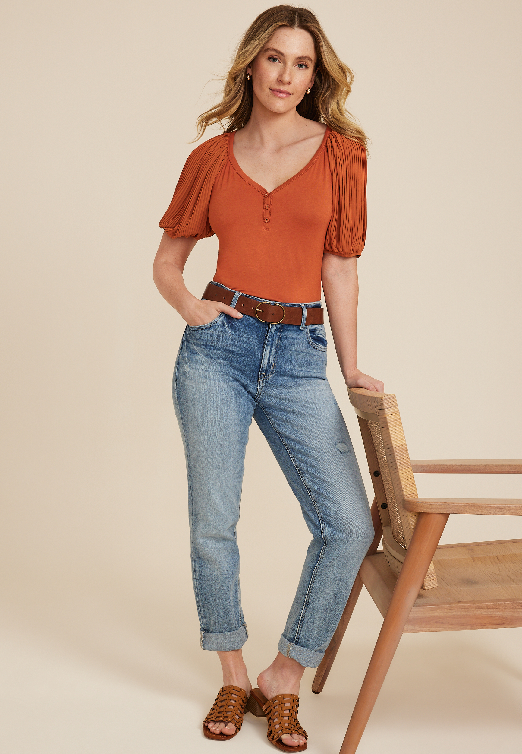 Plisse Puff Sleeve Henley Blouse, C9699, large
