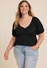 Plus Size Plisse Puff Sleeve Henley Blouse, C106, small