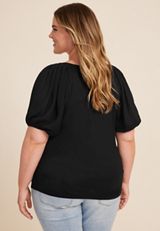 Plus Size Plisse Puff Sleeve Henley Blouse, C106, small