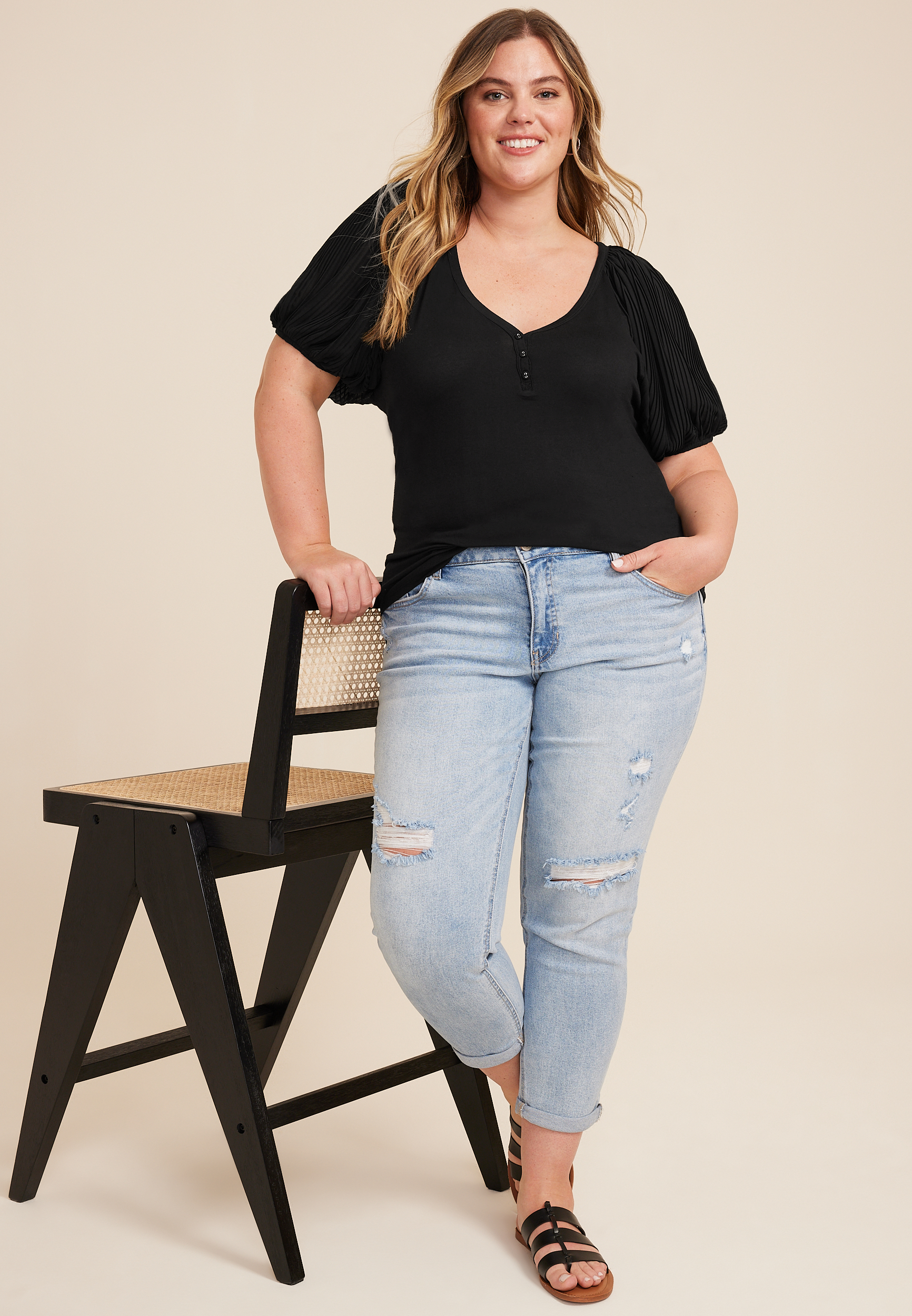 Plus Size Plisse Puff Sleeve Henley Blouse, C106, large