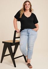 Plus Size Plisse Puff Sleeve Henley Blouse, C106, small