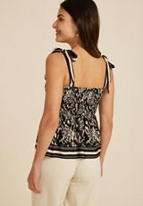 Floral Tie Strap Peplum Tank Top, BLACK COMBO, small