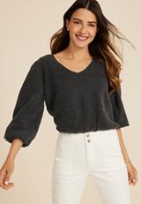 Double Cloth 3/4 Sleeve Bubble Hem Blouse, C106, small