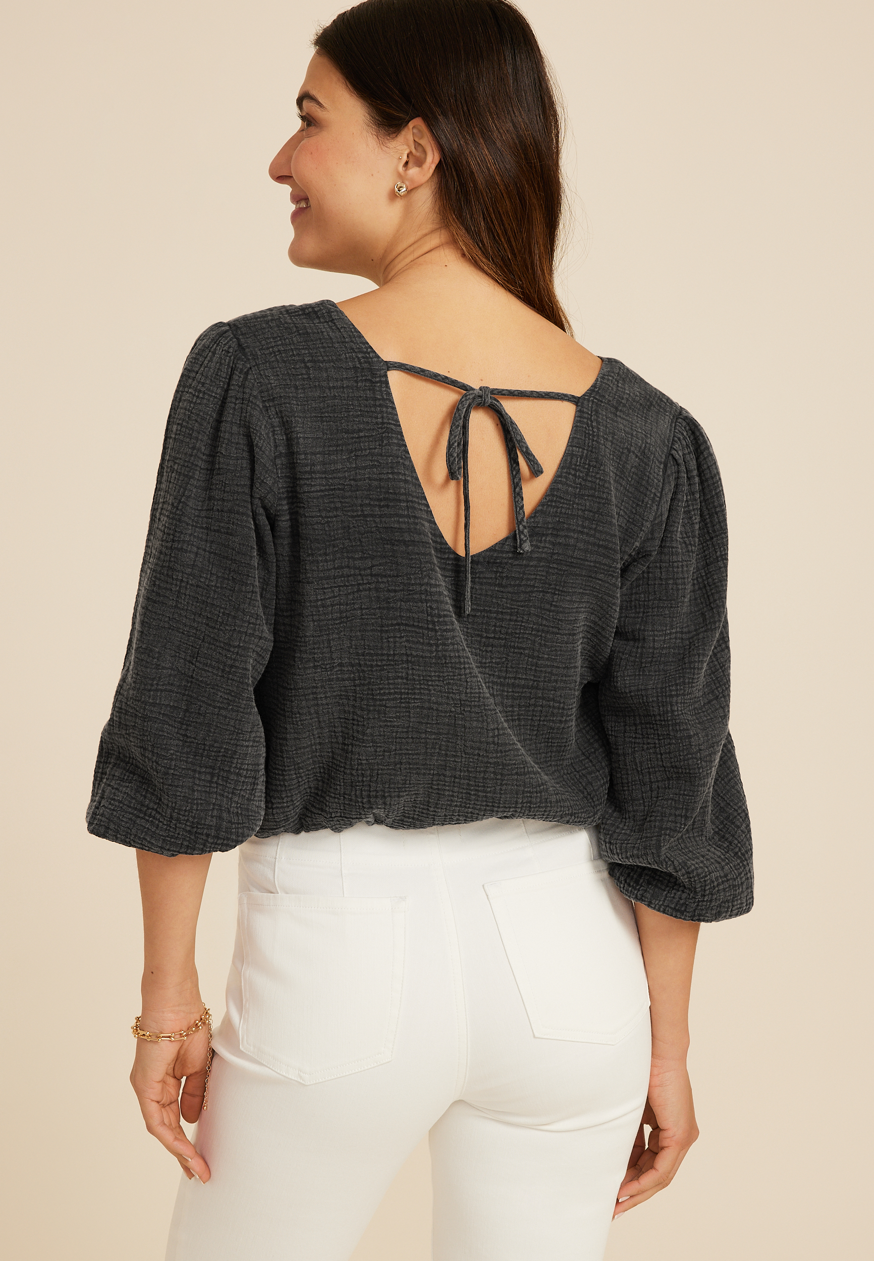 Double Cloth 3/4 Sleeve Bubble Hem Blouse, C106, large