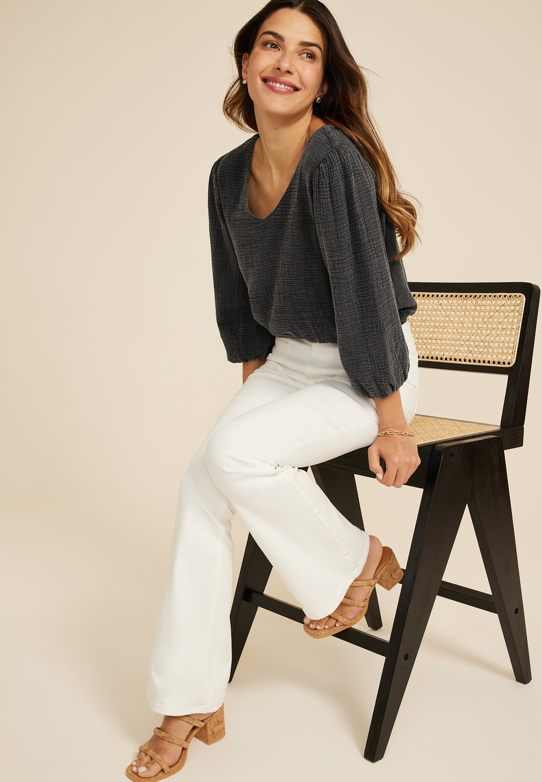 Double Cloth 3/4 Sleeve Bubble Hem Blouse, C106, large