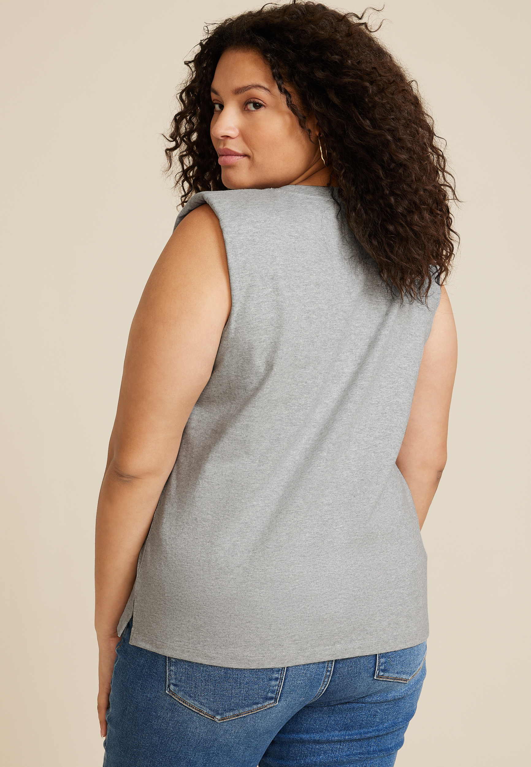 Plus Size Padded Shoulder Tank Top, LIGHT HEATHER GRAY, large