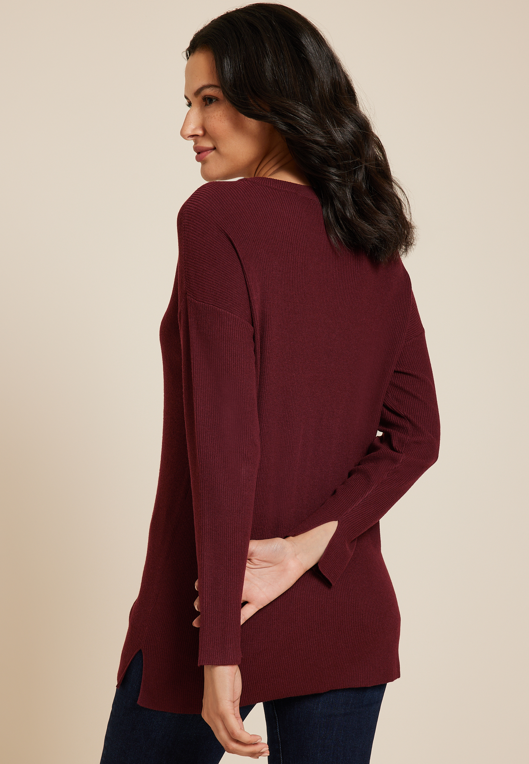 Side Split Tunic Sweater, BROWN RUBY, large