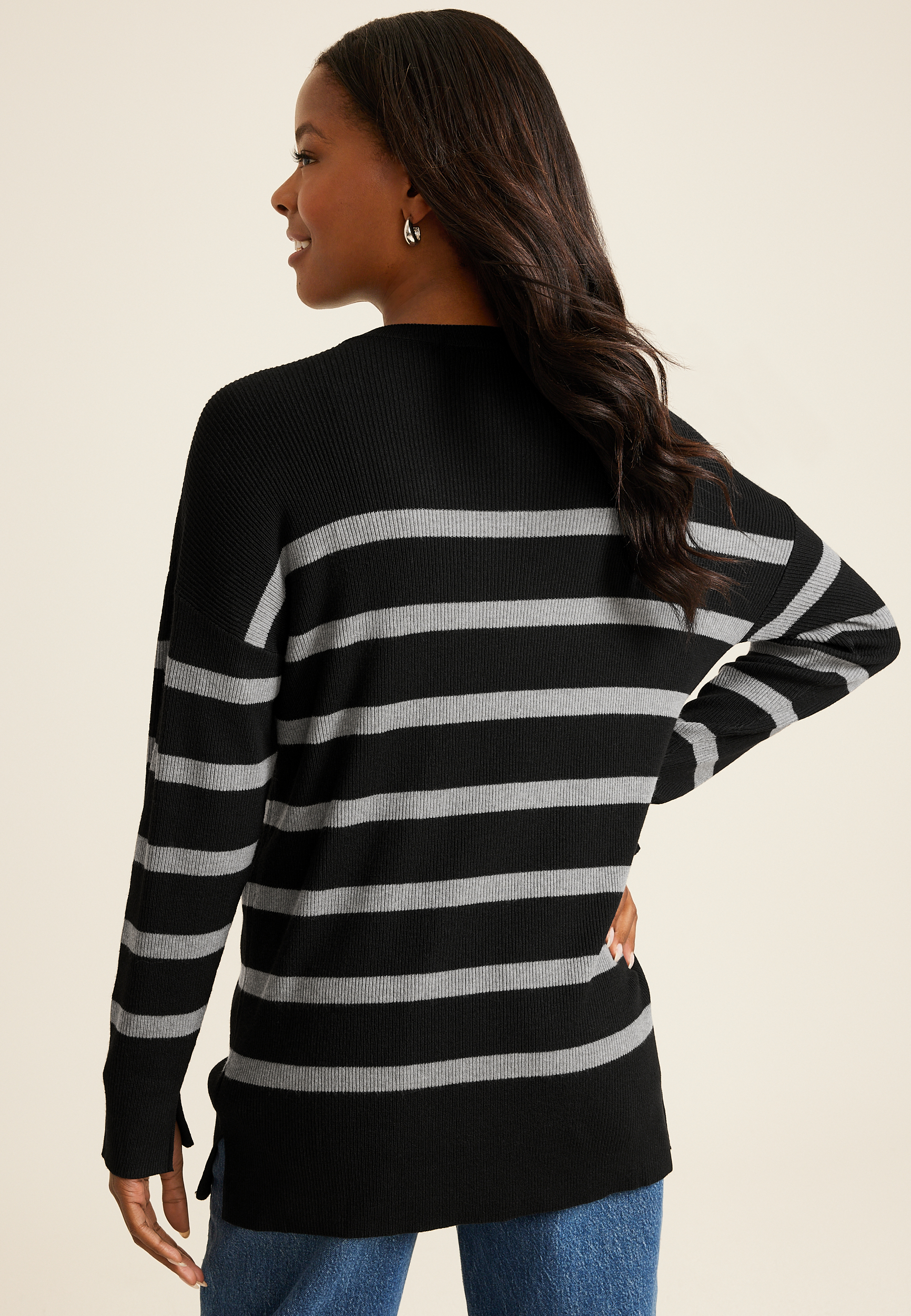 Striped Side Split Tunic Sweater