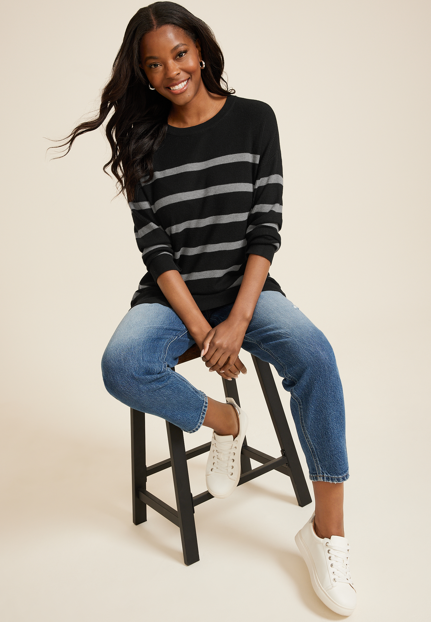 Striped Side Split Tunic Sweater