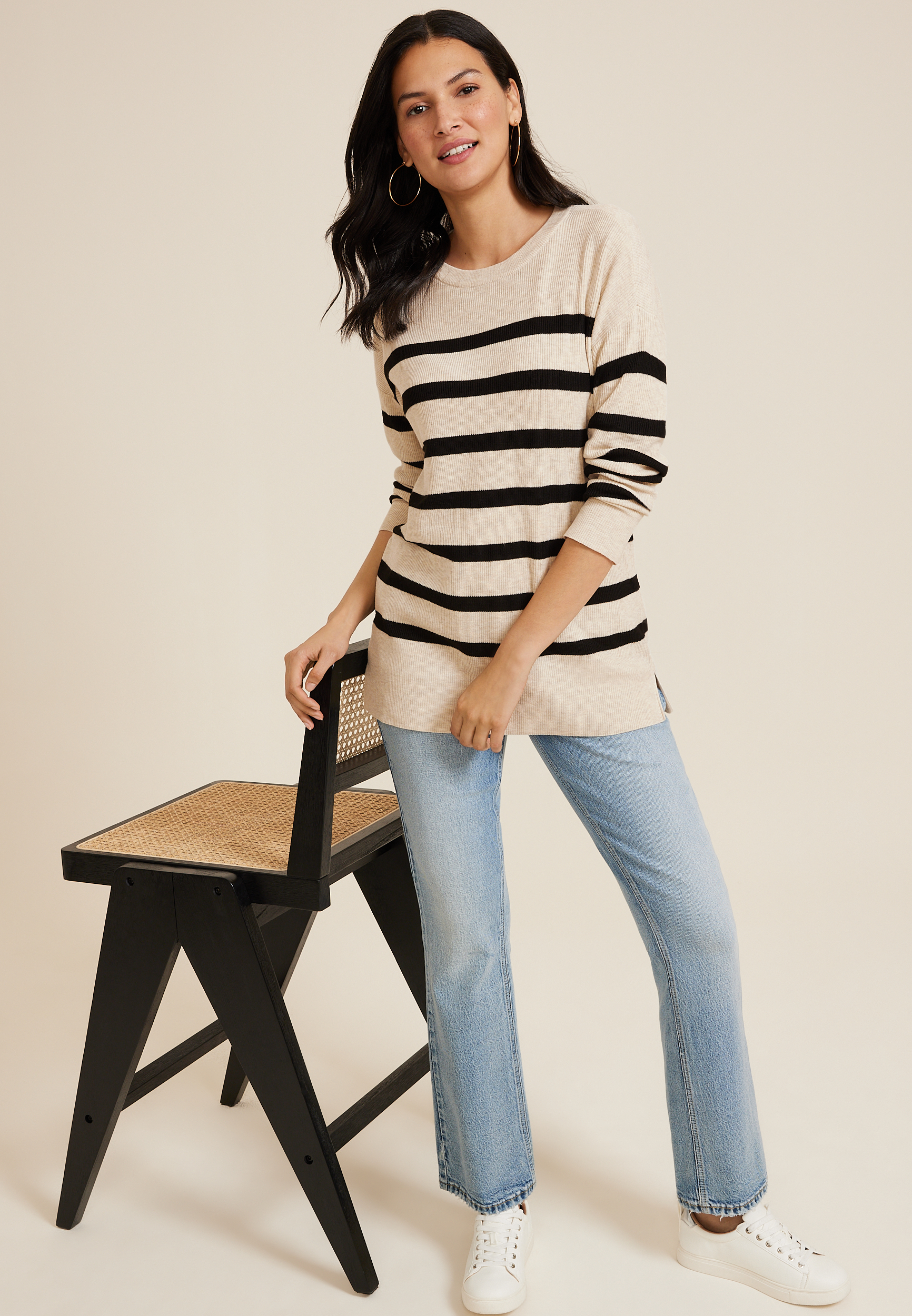Striped Side Split Tunic Sweater, C5249, large