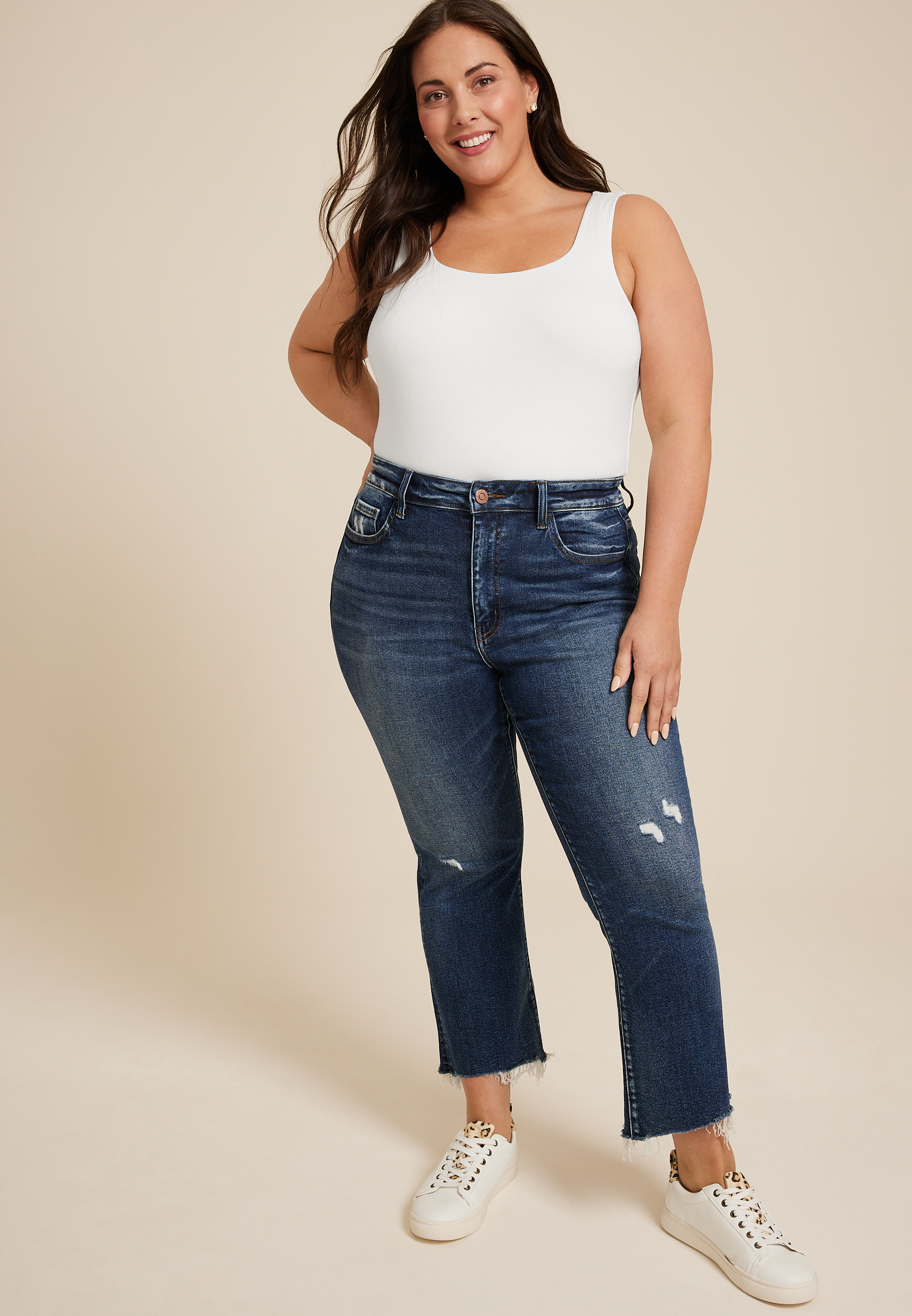 Plus Size Flying Monkey™ Dark Mid Rise Frayed Hem Ankle Boot Jean