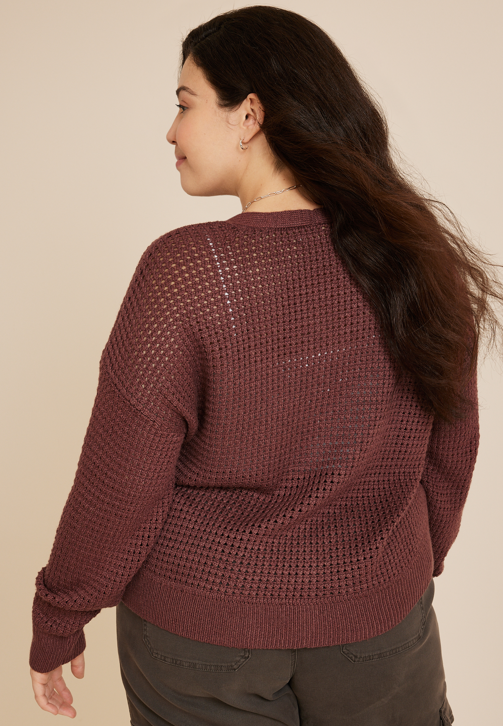 Plus Size Mesh Button Front Cardigan, COCONUT SHELL, large