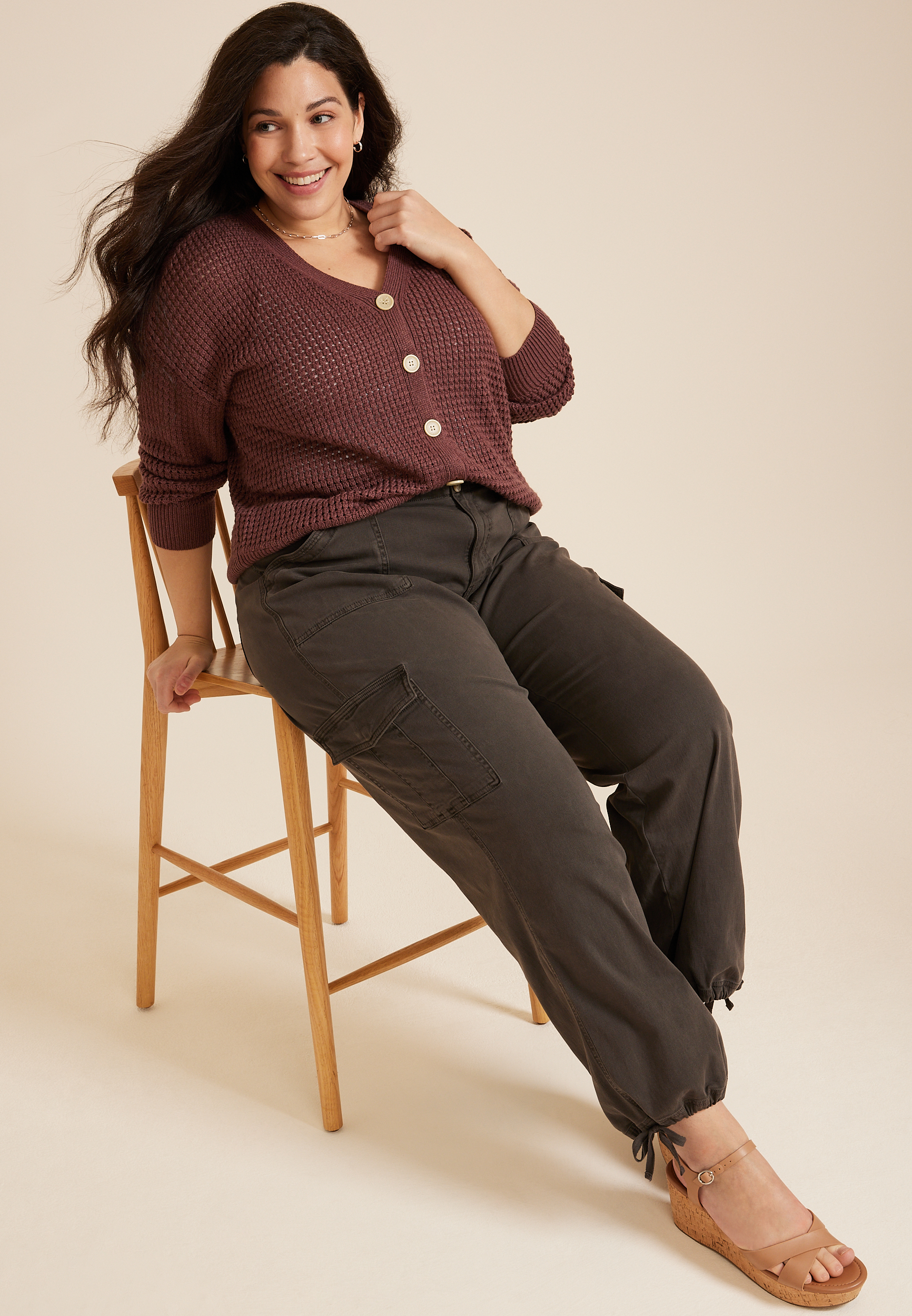 Plus Size Mesh Button Front Cardigan, COCONUT SHELL, large