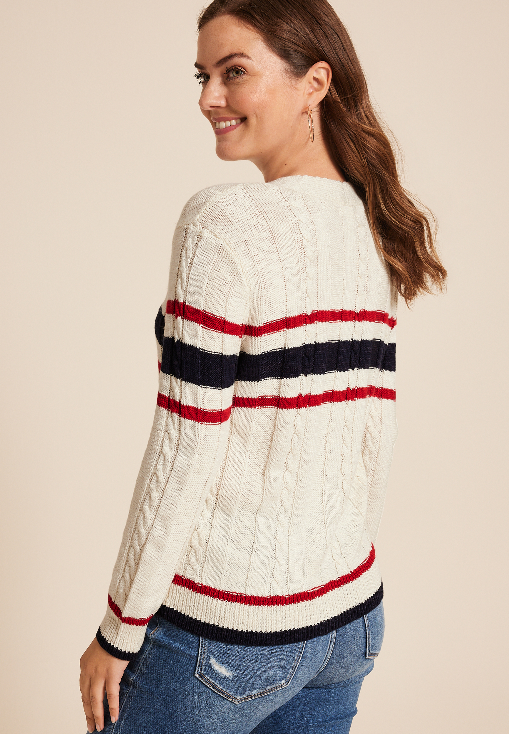 Prep Striped Cable Knit Button Down Cardigan, C3986, large